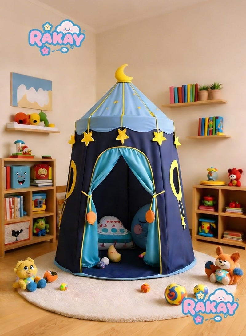 RAKAY Children's Play Tent Playhouse with Two Windows for Kids Indoor Tent, Top with Moon Decoration and Star Pendant,Toddler Toys for Boys and Girls, Bule, Portable Foldable Toddler Tent - Image 1